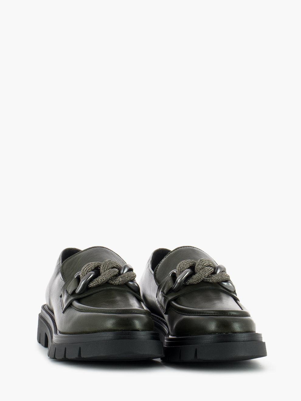 Leather moccasins with green clamp