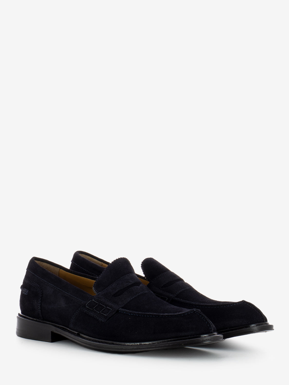 Blue suede penny loafers