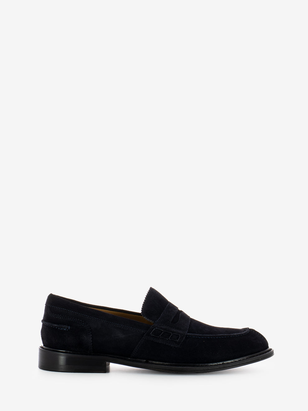Blue suede penny loafers