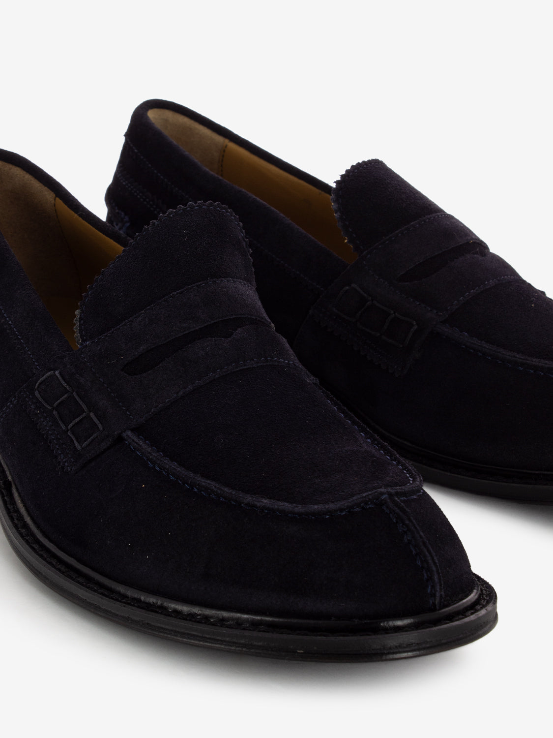 Blue suede penny loafers