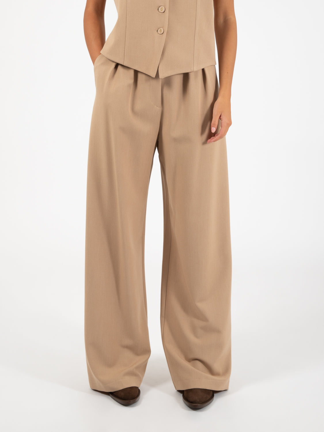 Camel double pleat palazzo trousers