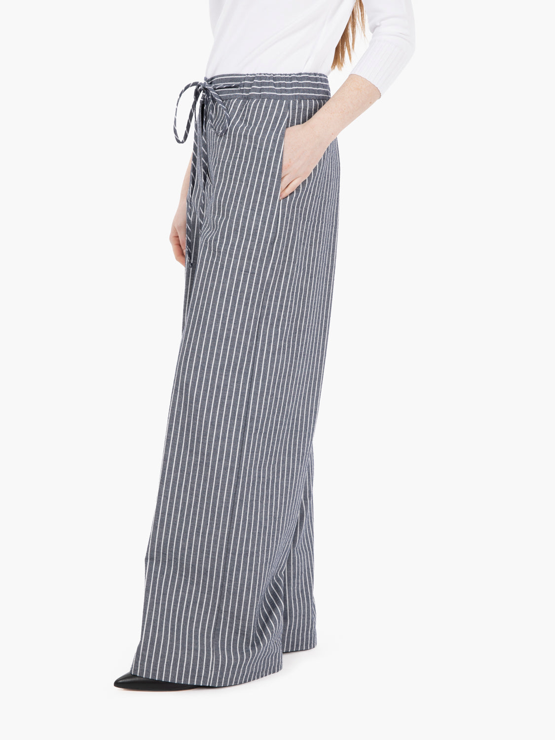Pantalone palazzo con coulisse gessato blu