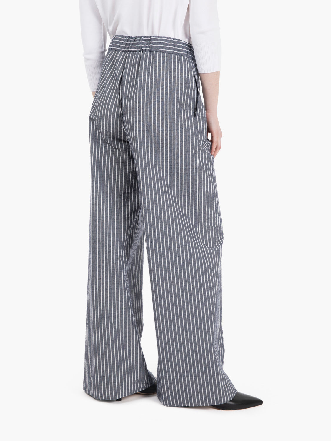 Pantalone palazzo con coulisse gessato blu