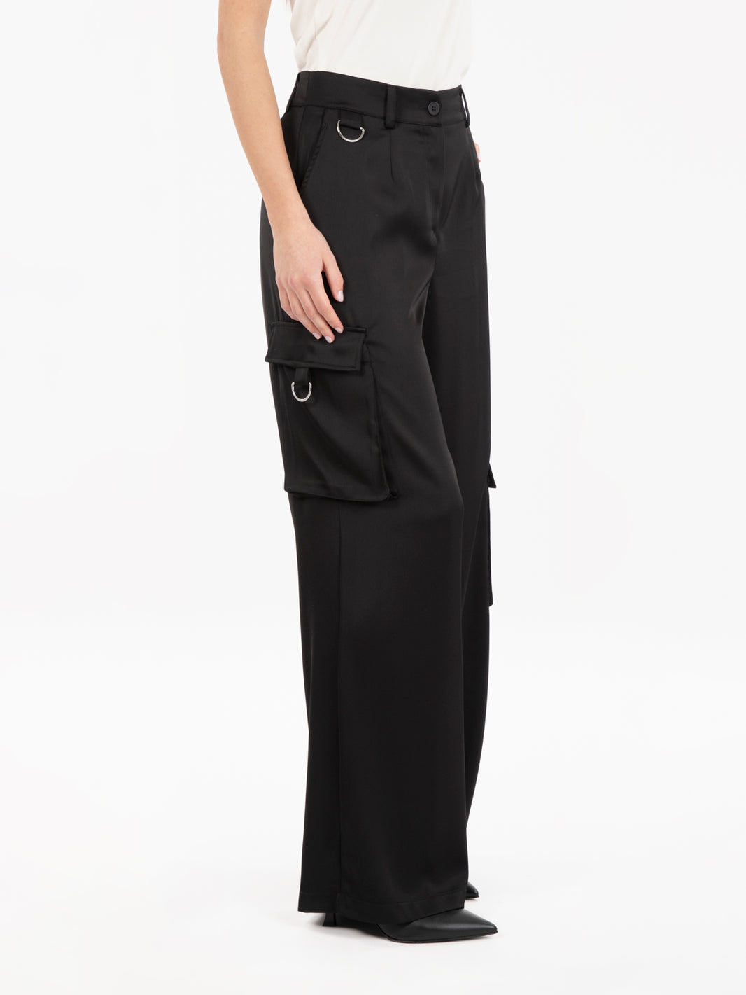 Black Satin Cargo Pants