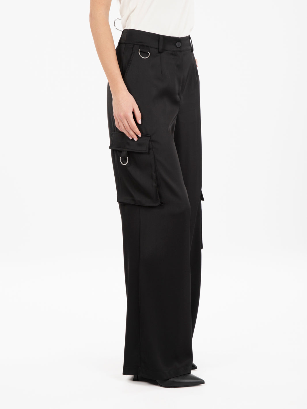 Black Satin Cargo Pants