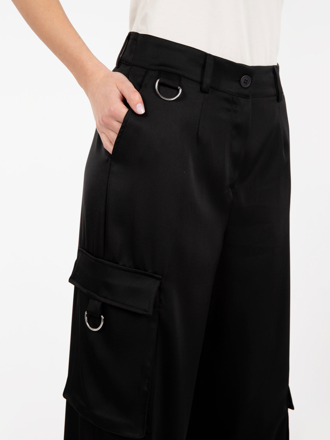Black Satin Cargo Pants