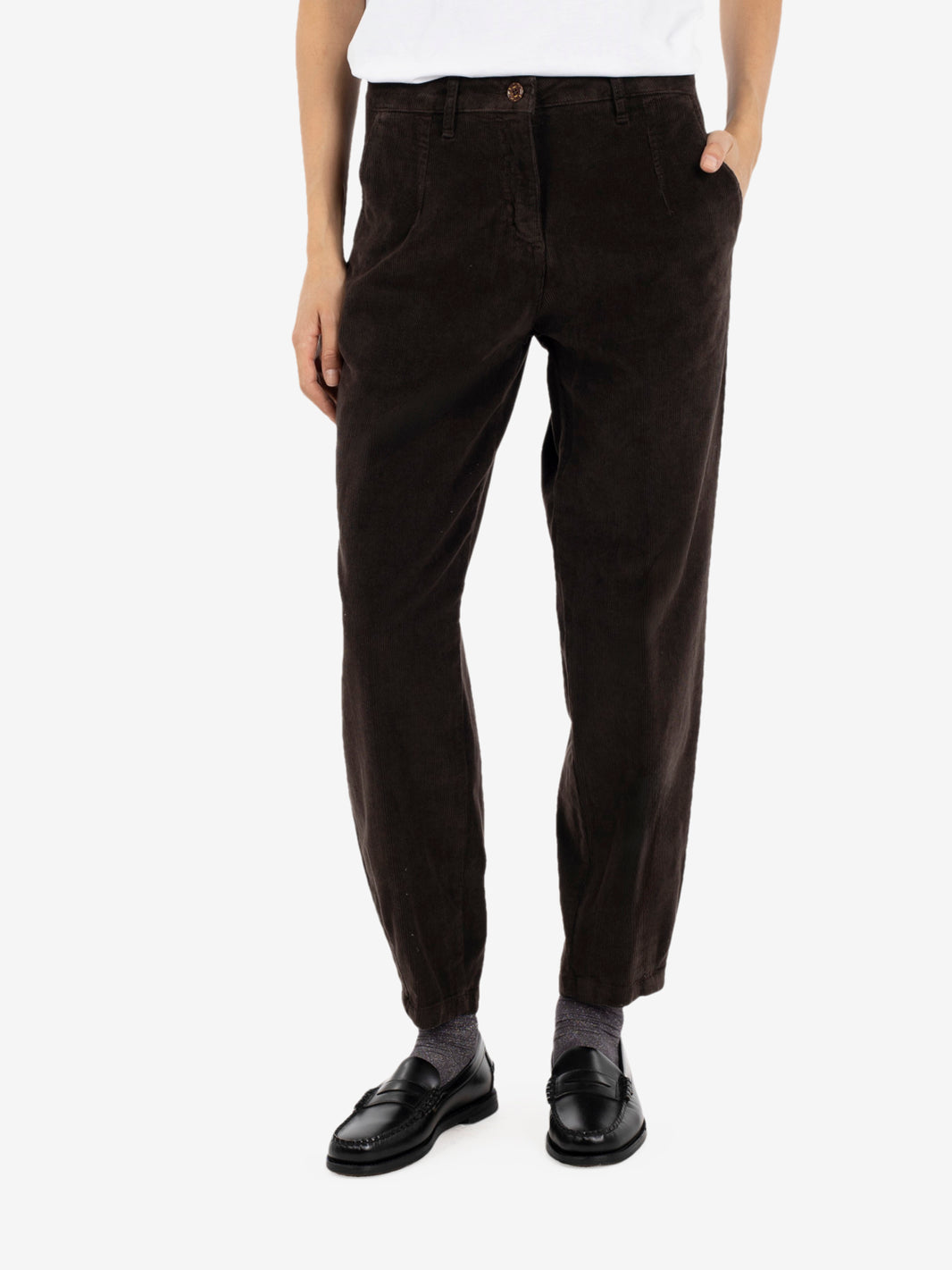 Brown velvet carrot fit trousers