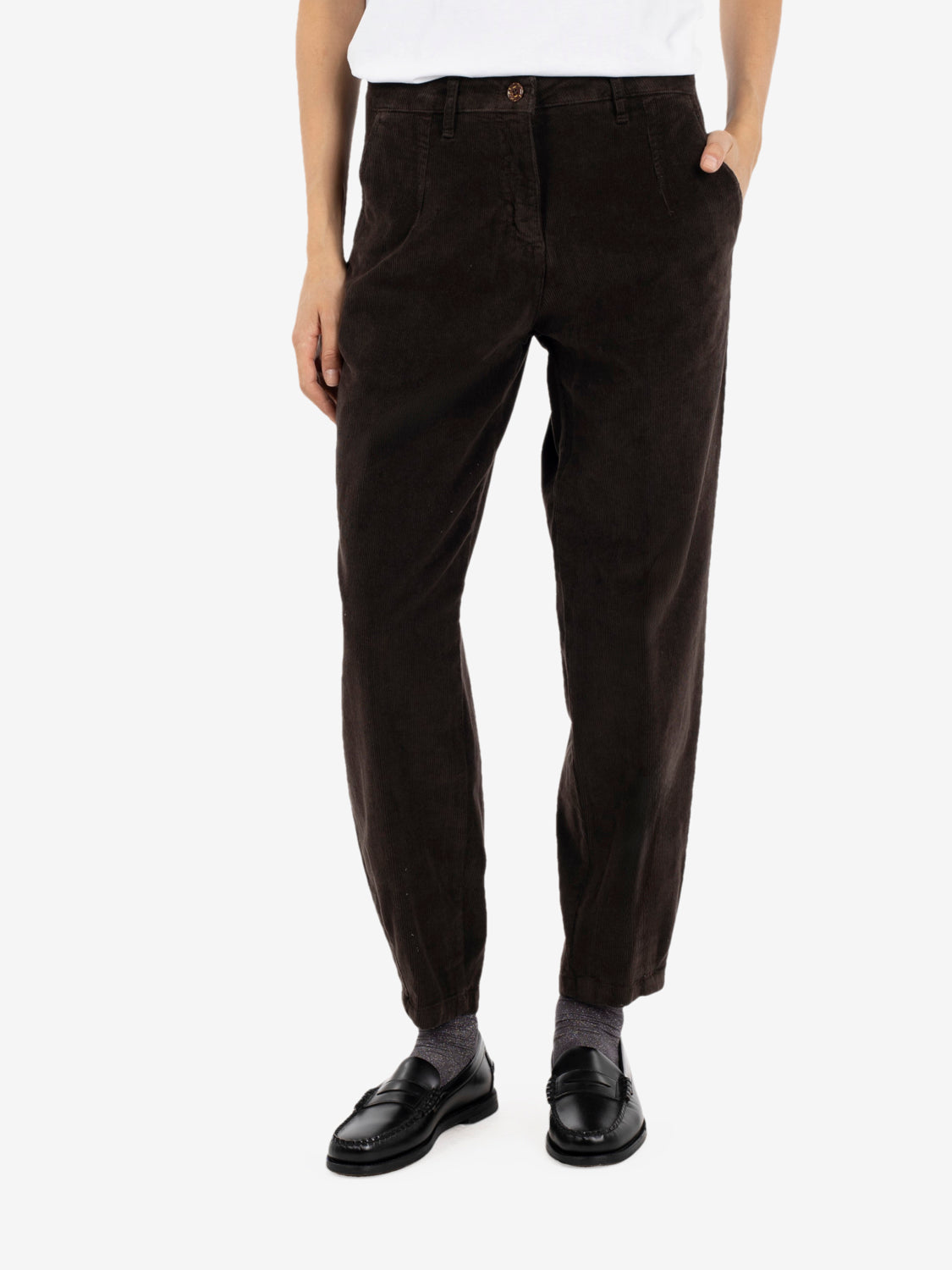 Brown velvet carrot fit trousers
