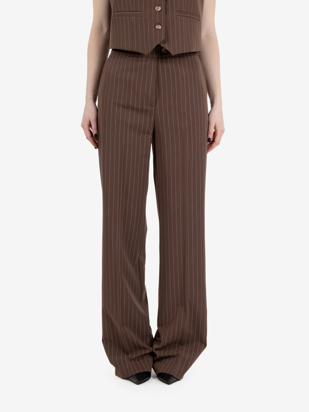 Pantaloni gamba dritta cioccolato gessato