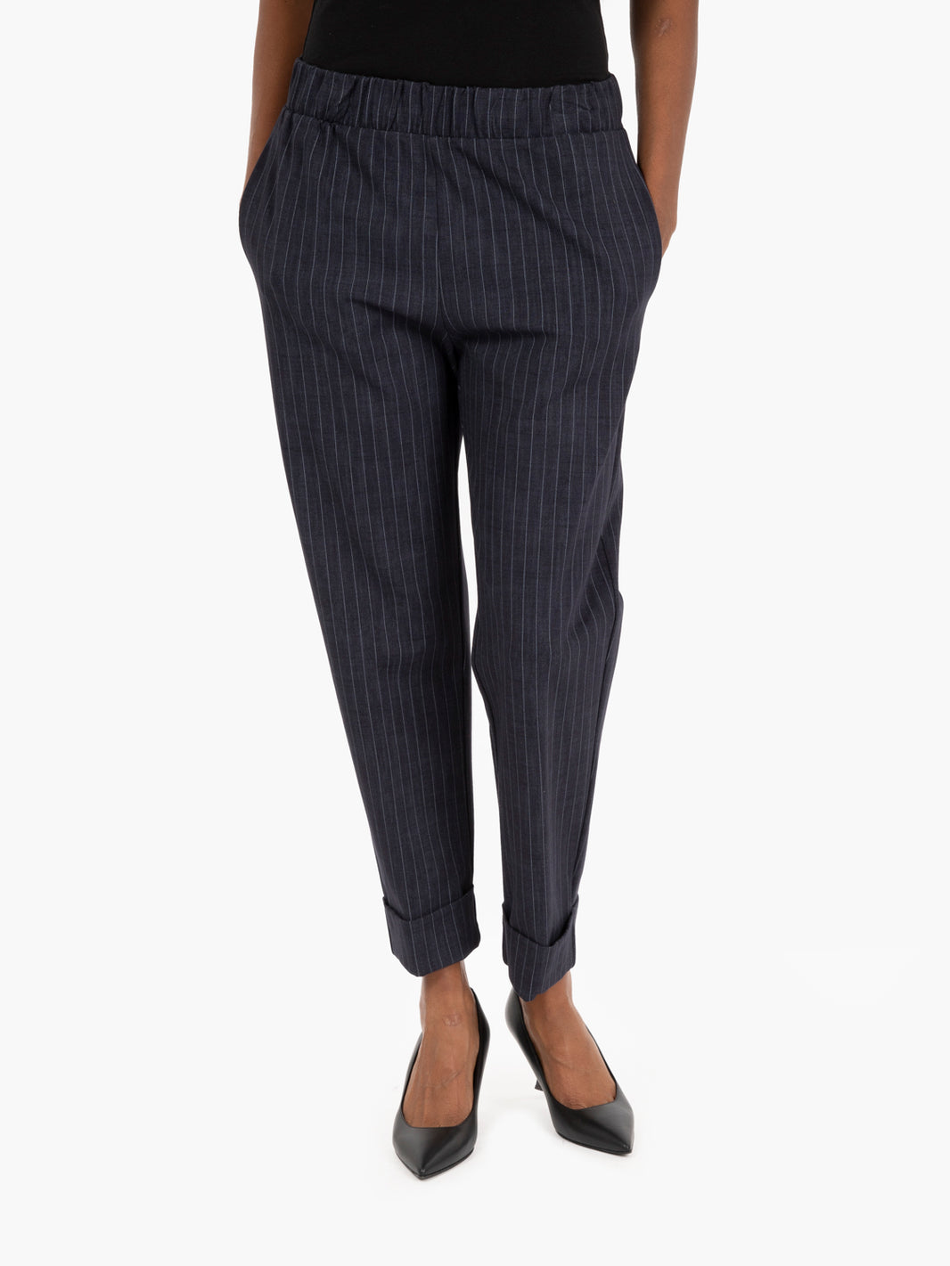 Pantaloni gessati con elastico blu