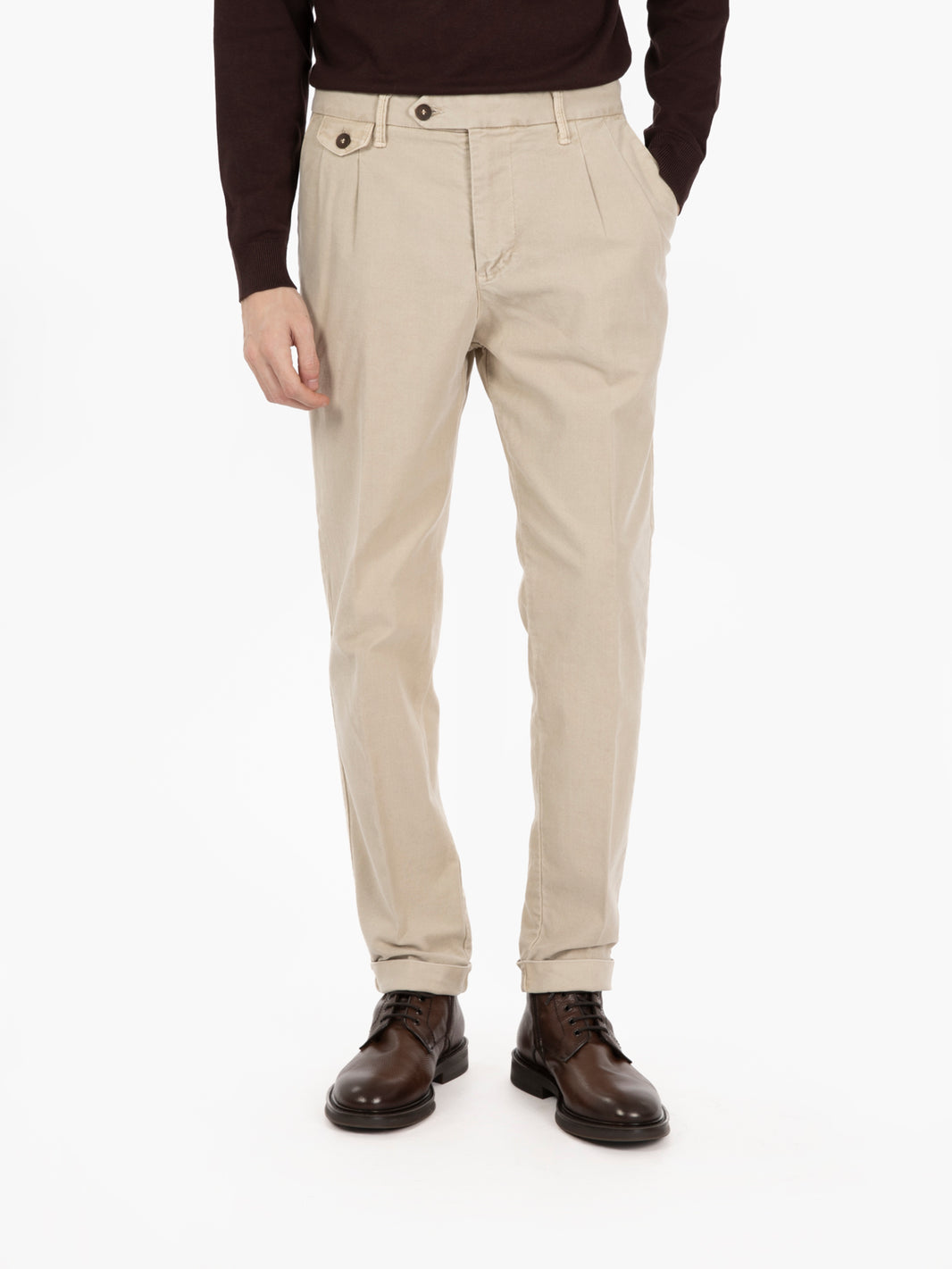 KEIRA/126072_BEI SMOOTH VELVET HERRINGBONE TROUSERS BEIGE