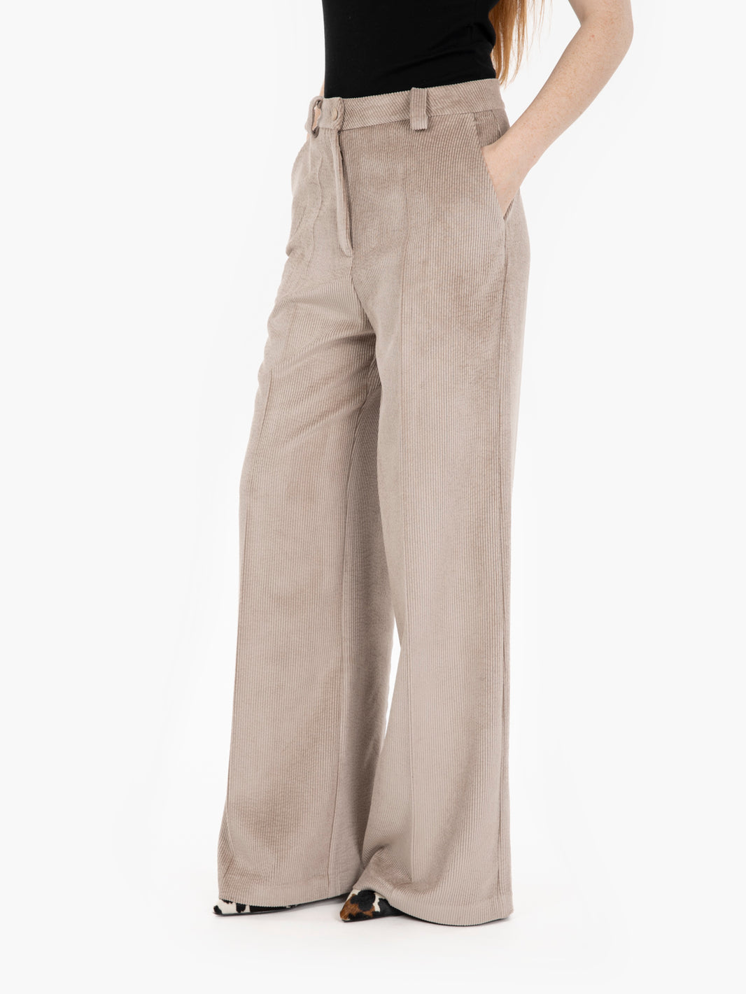 Pantaloni palazzo in velluto a coste tortora