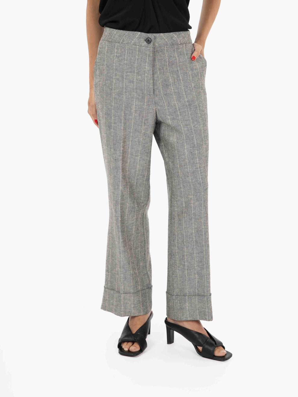Black straight pinstriped Salonicco trousers