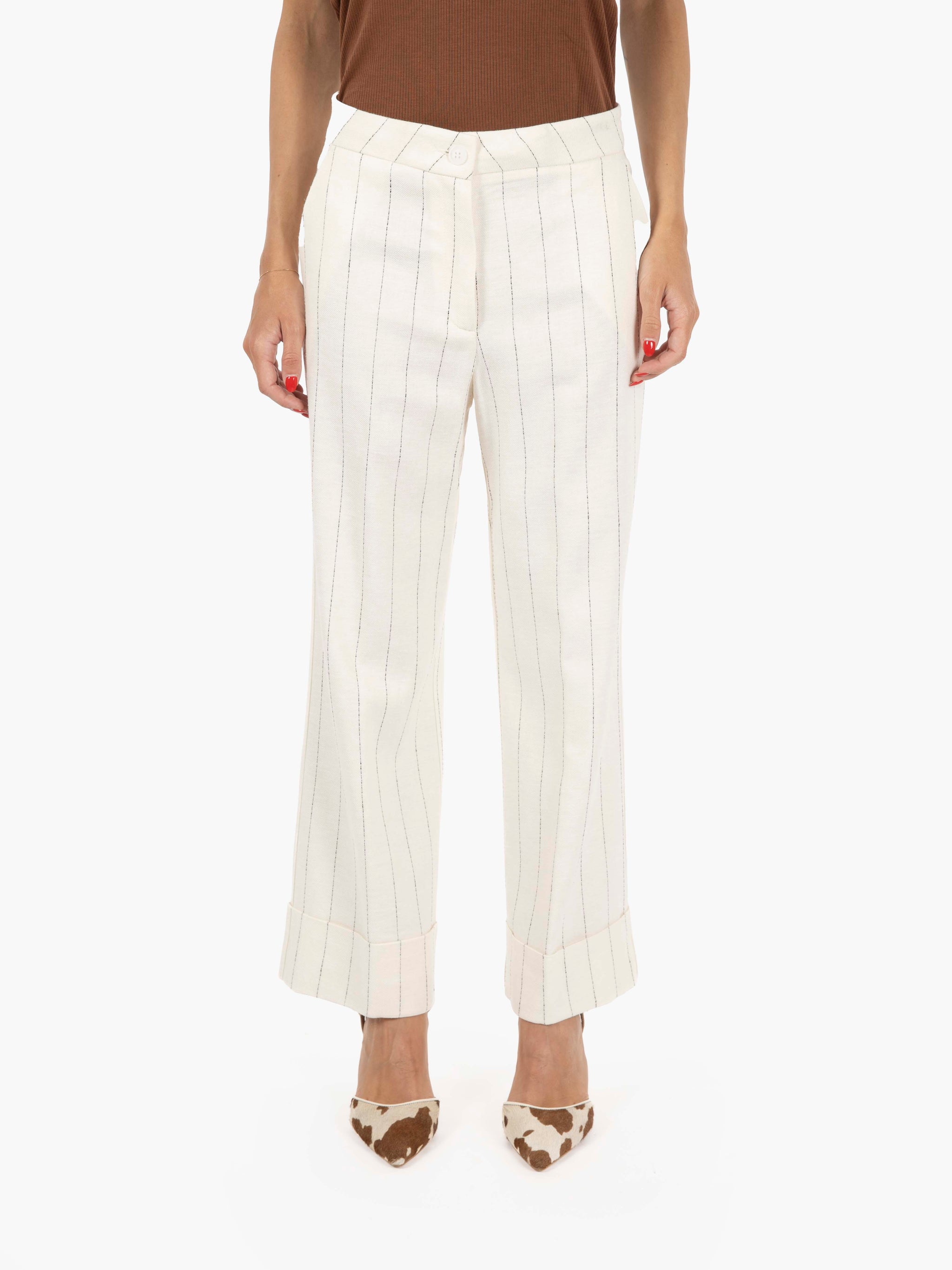 Salonicco straight cream pinstriped trousers