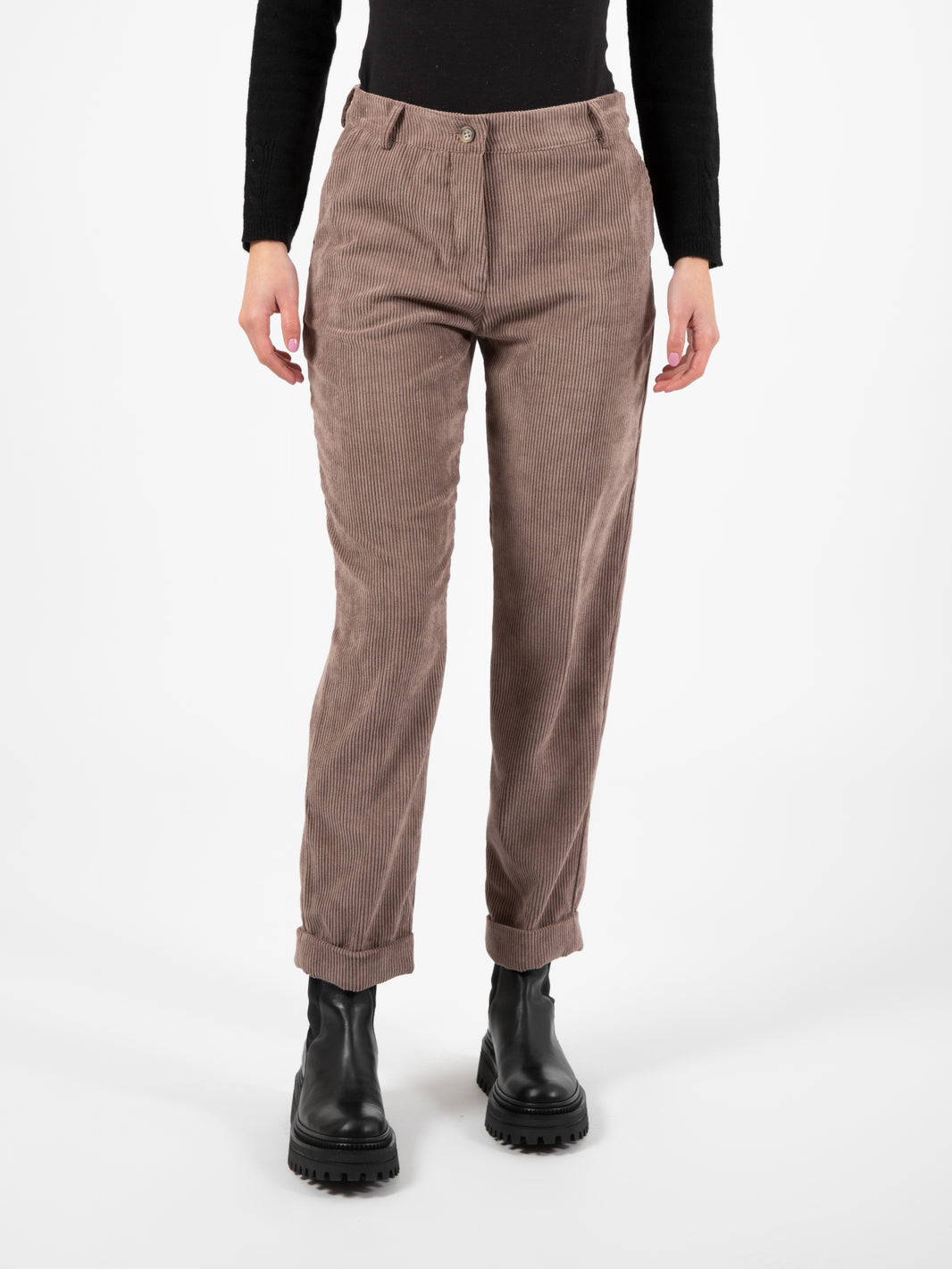 Pantaloni velluto coste con risvolto marrone