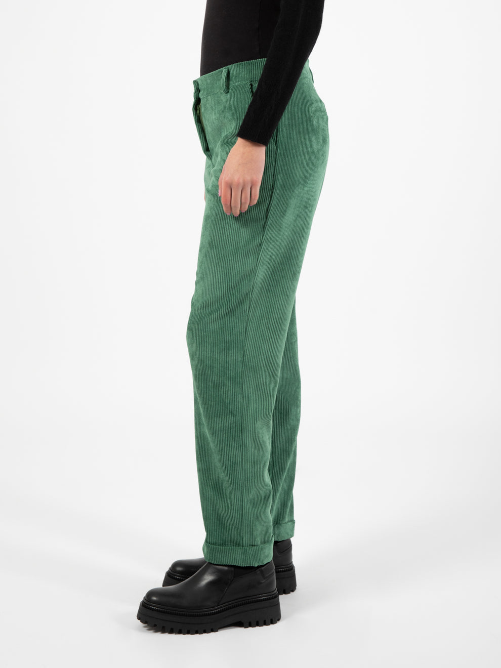 Pantaloni velluto coste con risvolto verde