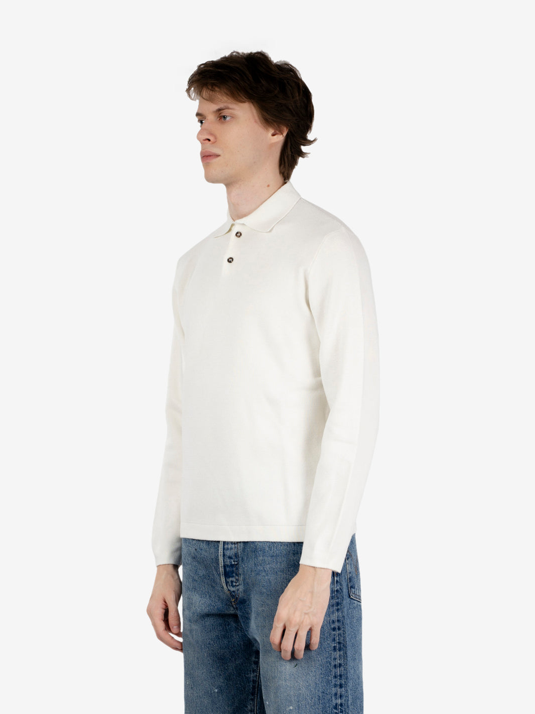 Ecru knit polo shirt with side slits