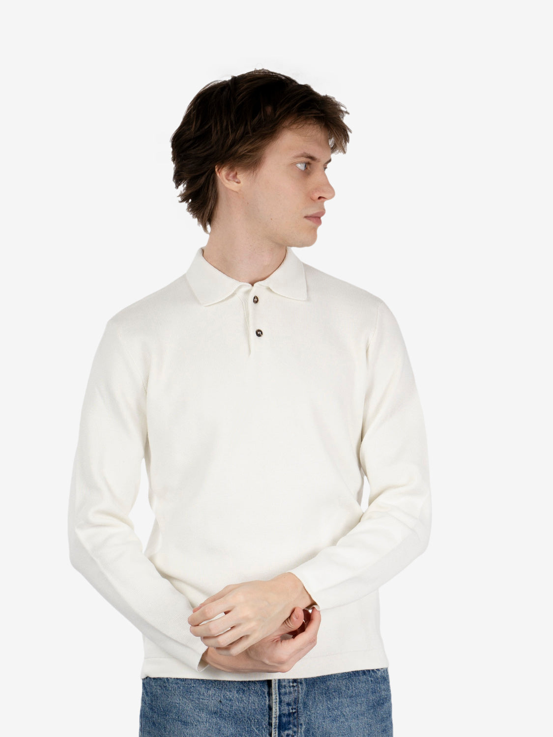 Ecru knit polo shirt with side slits