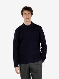 Navy knitted polo shirt with side slits