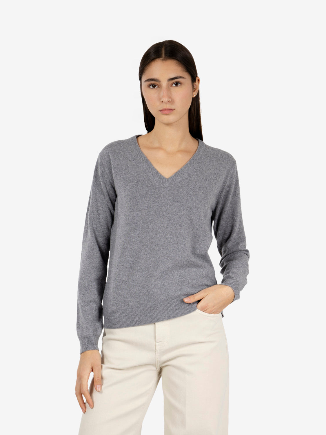 Pullover scollo a V grigio medio