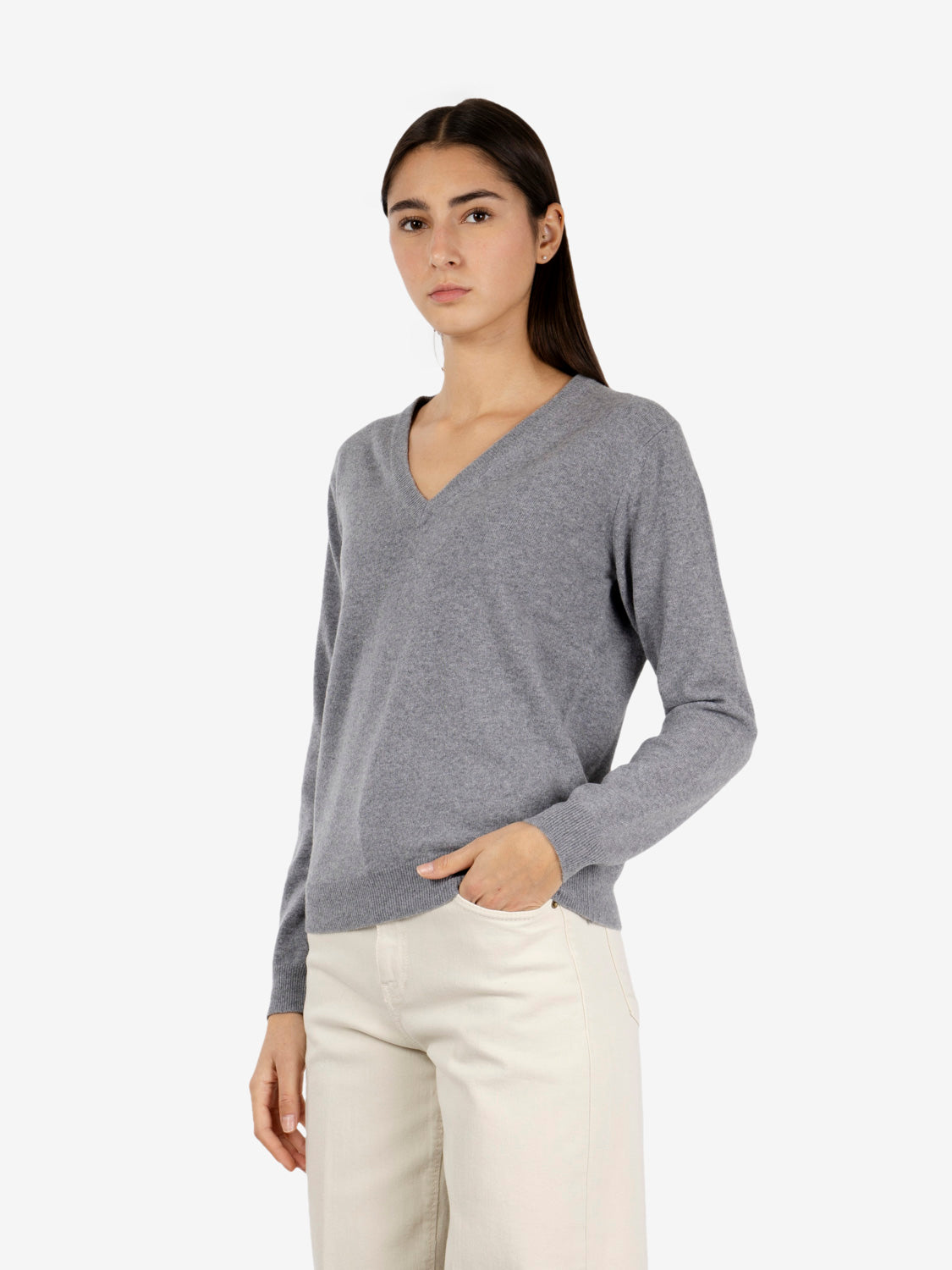 Pullover scollo a V grigio medio