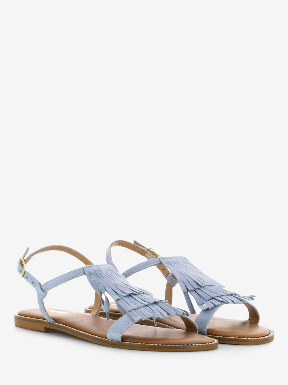Sky blue suede fringe sandals
