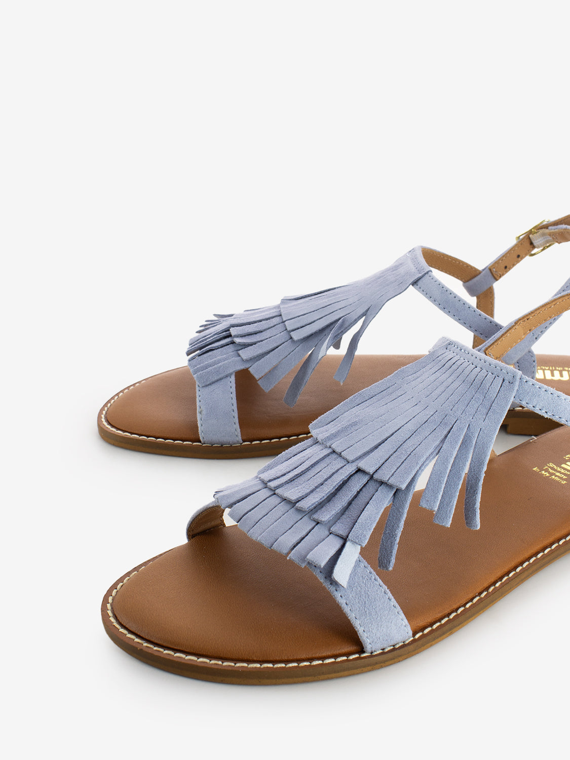 Sky blue suede fringe sandals