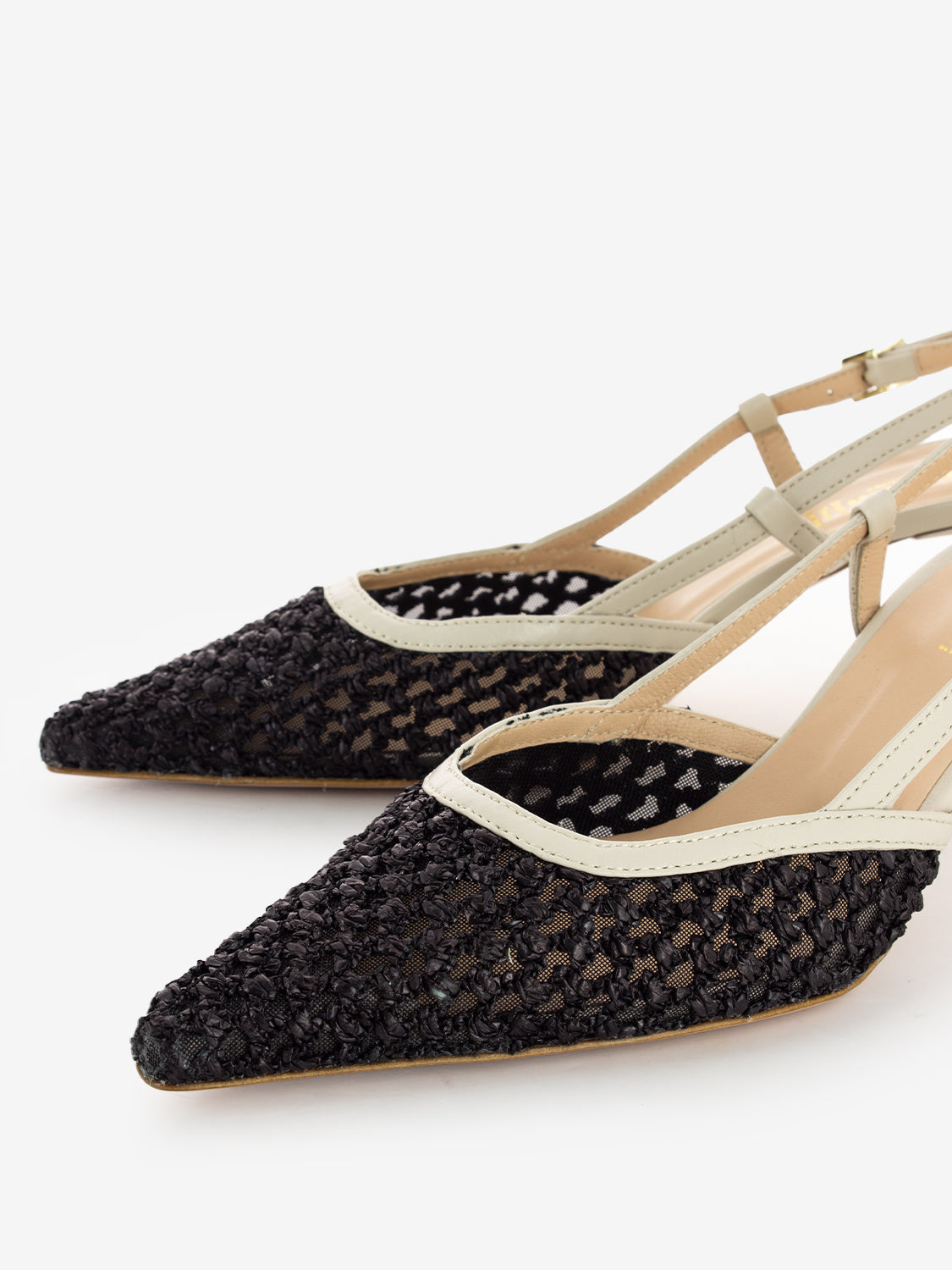 Slingback rete e pelle nero / avorio