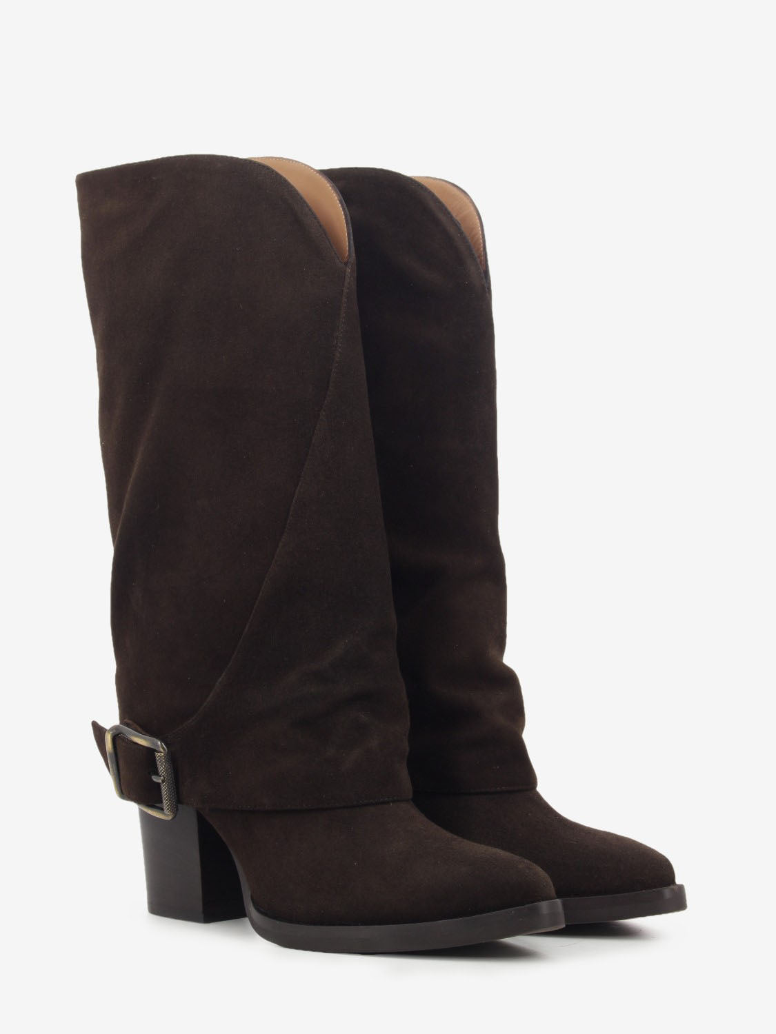 Dark brown suede cowboy boot with fold-over cuff
