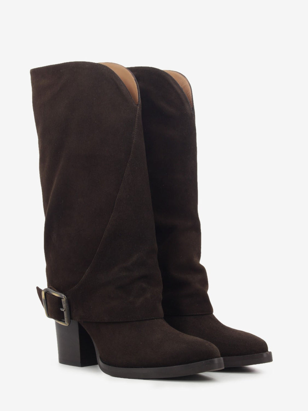 Dark brown suede cowboy boot with fold-over cuff