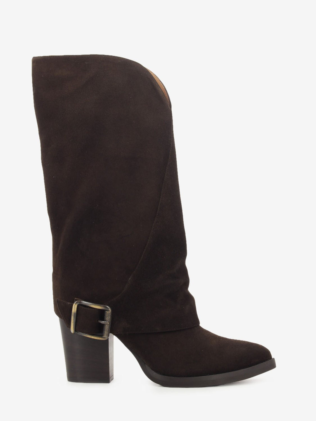 Dark brown suede cowboy boot with fold-over cuff