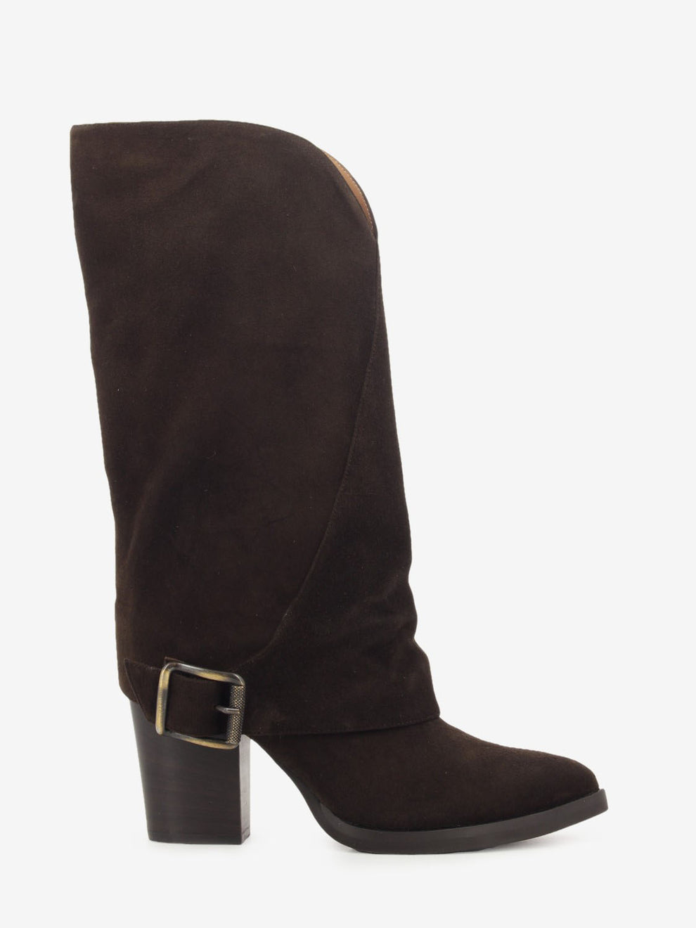 Dark brown suede cowboy boot with fold-over cuff
