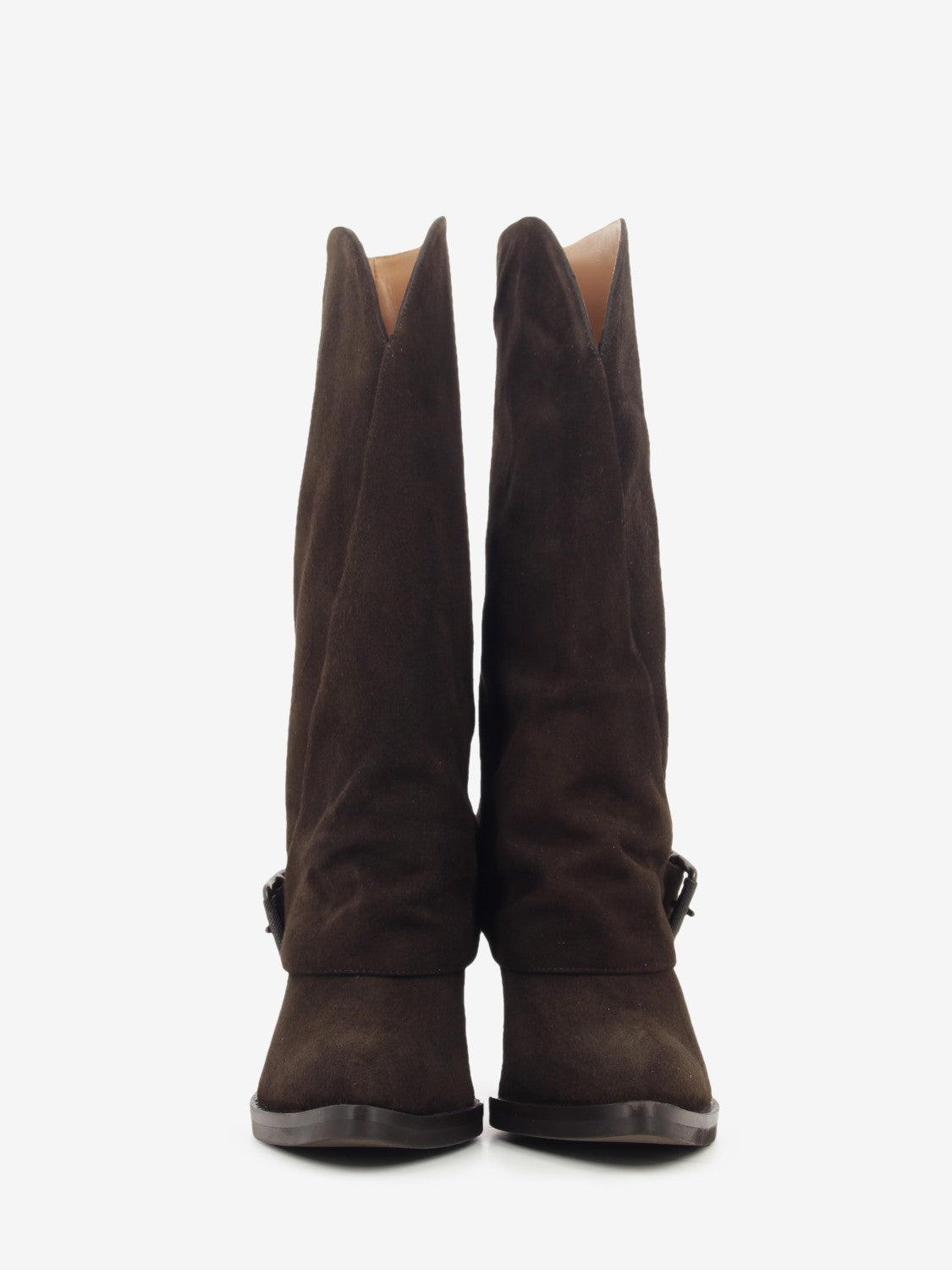 Dark brown suede cowboy boot with fold-over cuff