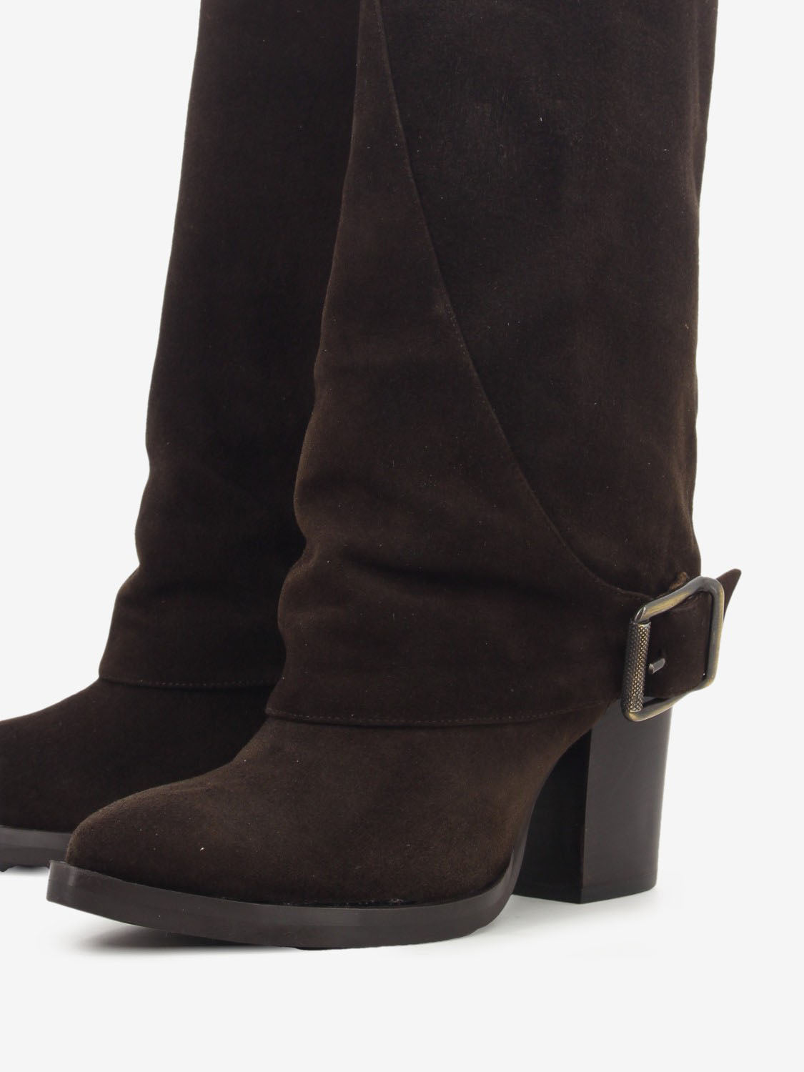 Dark brown suede cowboy boot with fold-over cuff