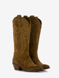 Brown Velour Embroidered Texan Boots