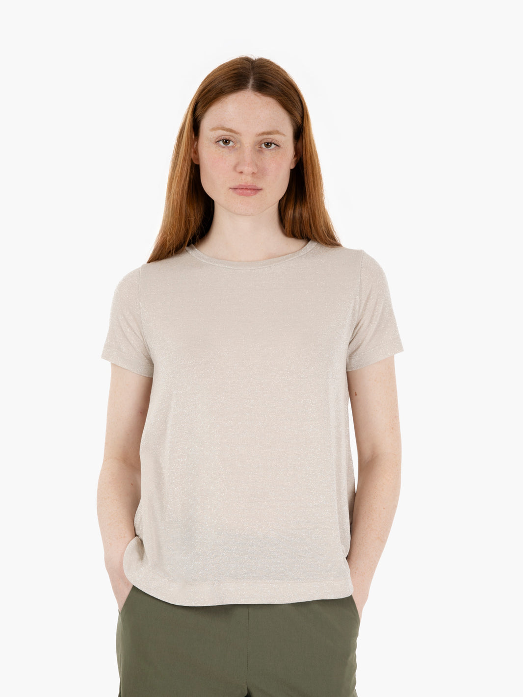 Beige box pleat crew neck T-shirt
