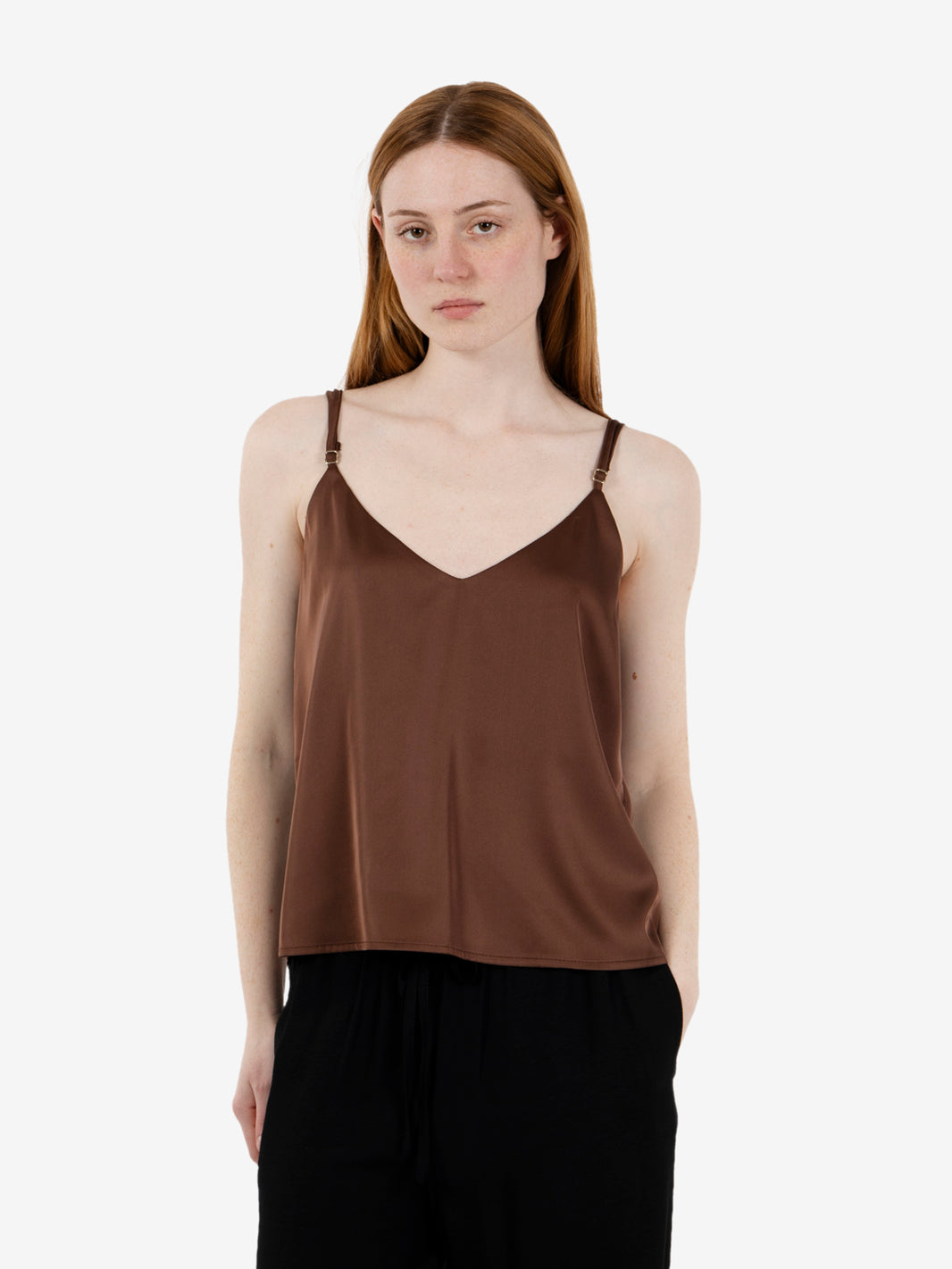 Brown satin V-neck top