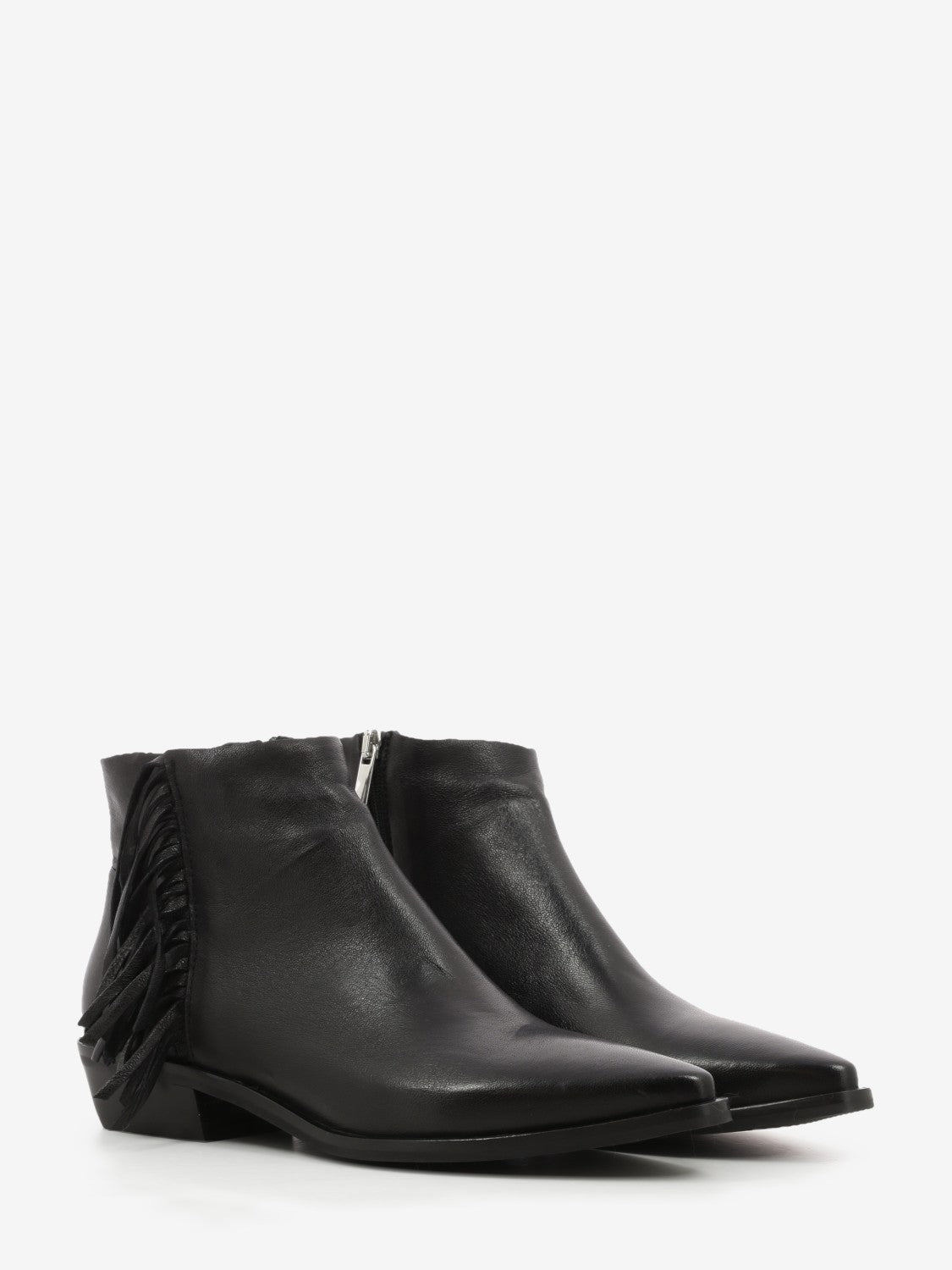 Black leather ankle boot with fringes