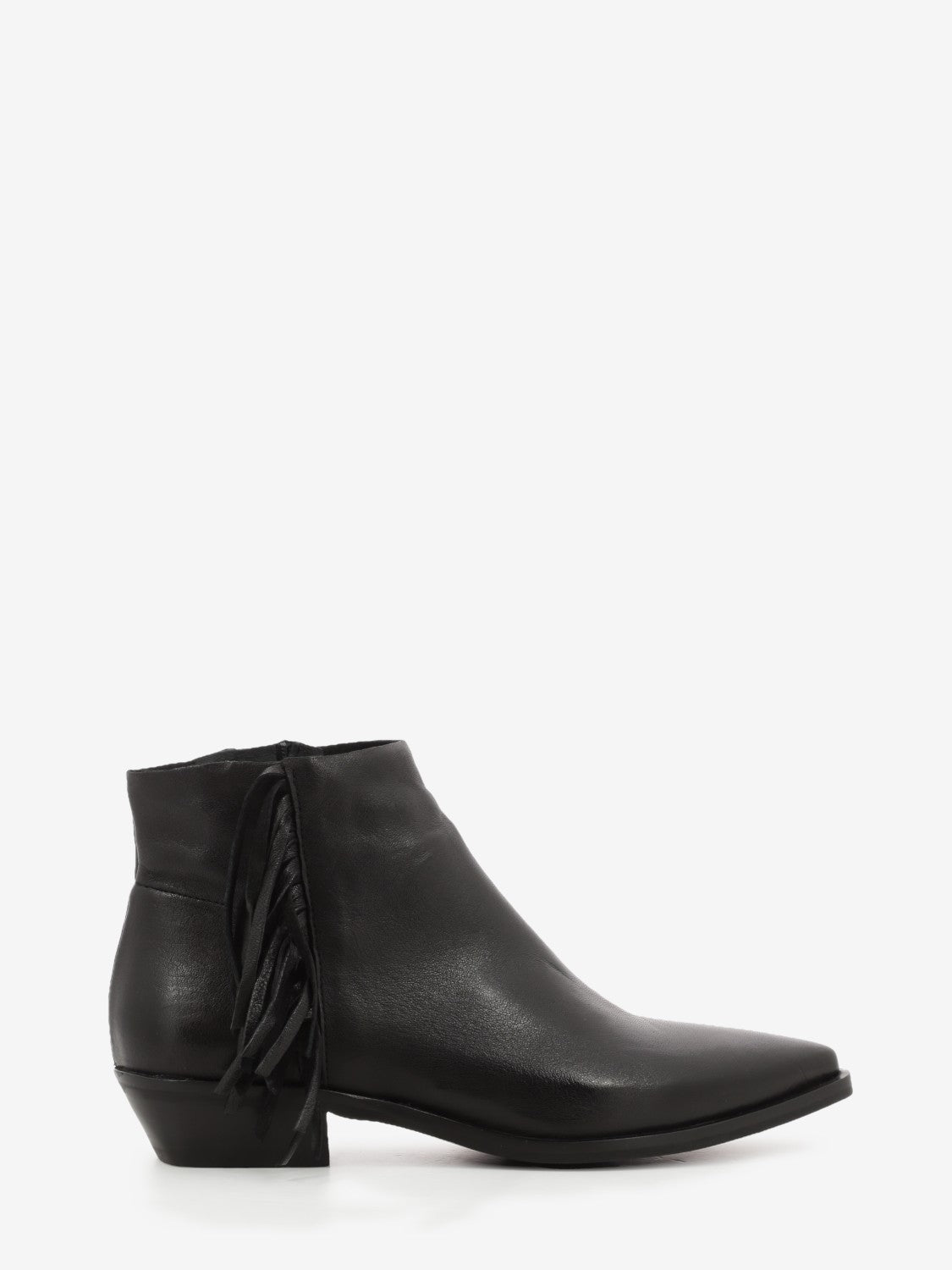 Black leather ankle boot with fringes