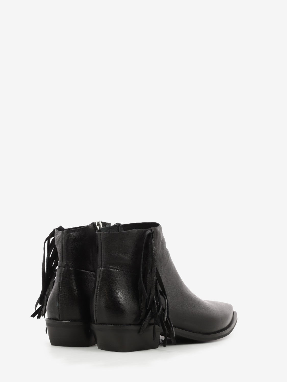 Black leather ankle boot with fringes