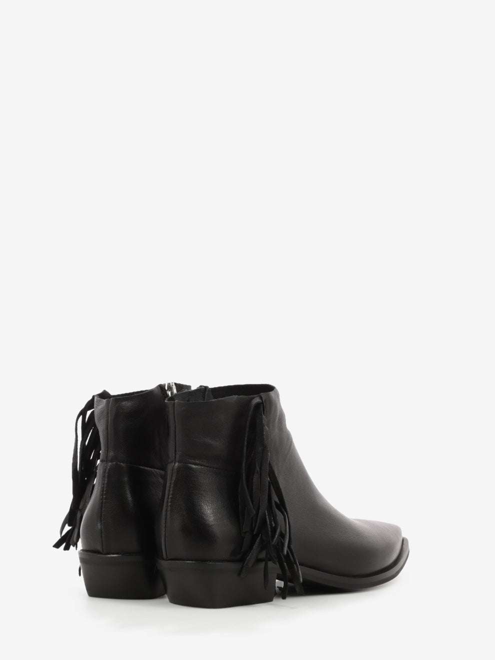 Black leather ankle boot with fringes