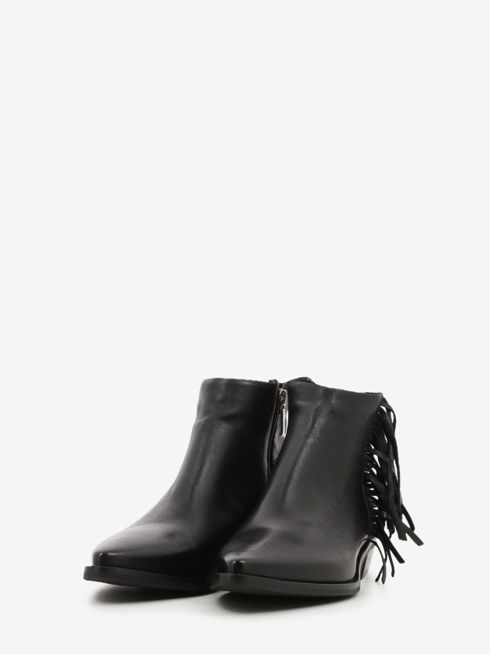 Black leather ankle boot with fringes