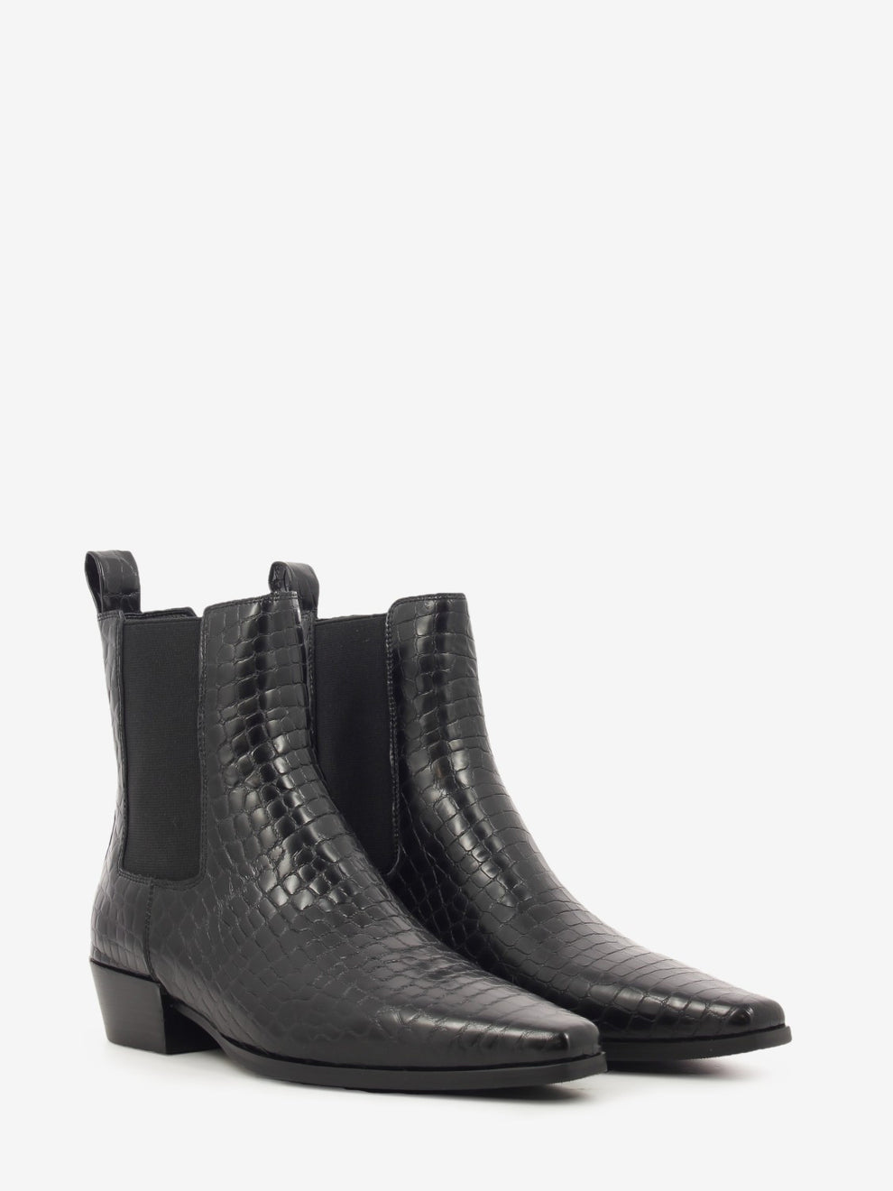 Black croc-effect leather ankle boot