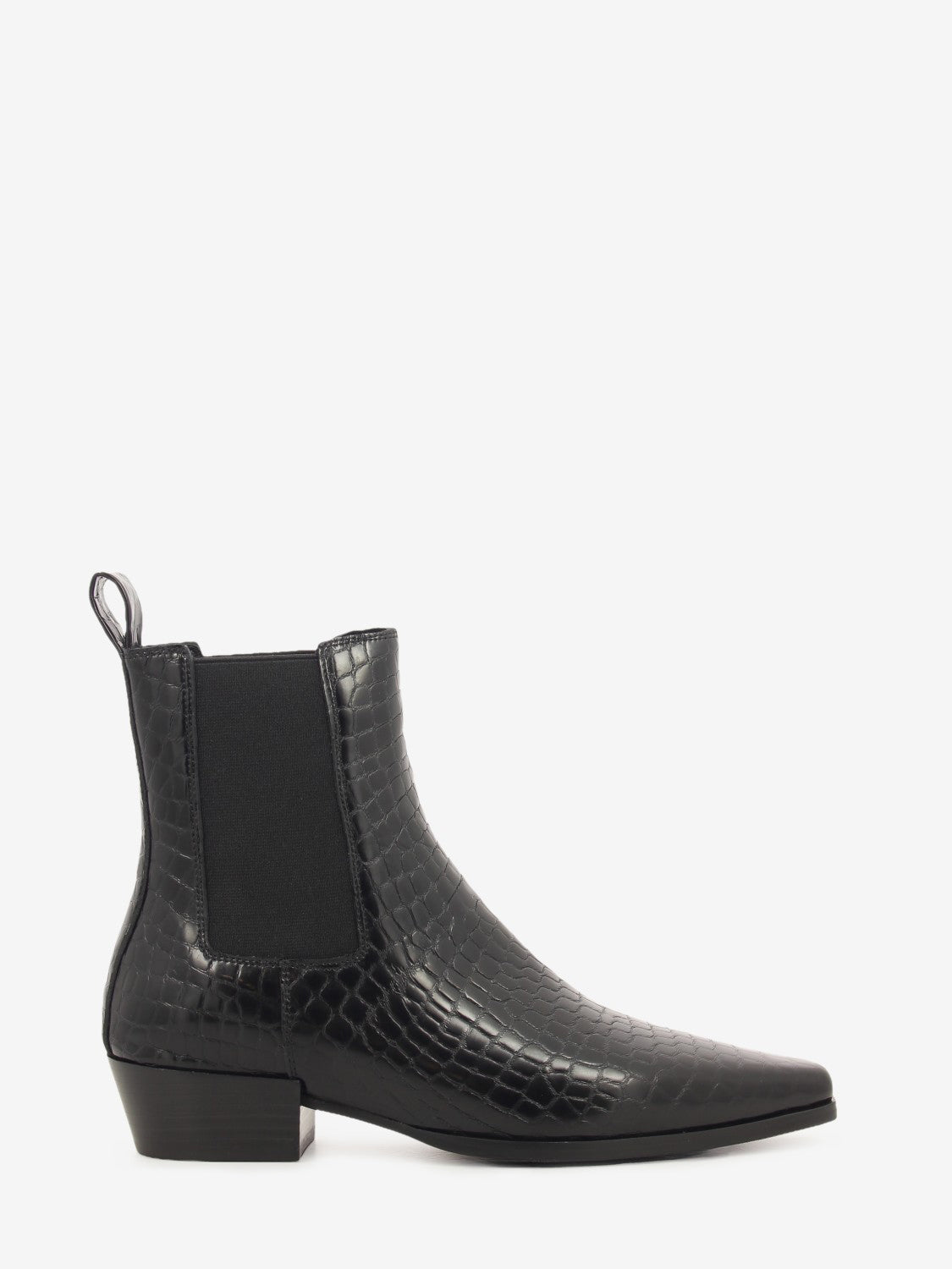 Black croc-effect leather ankle boot