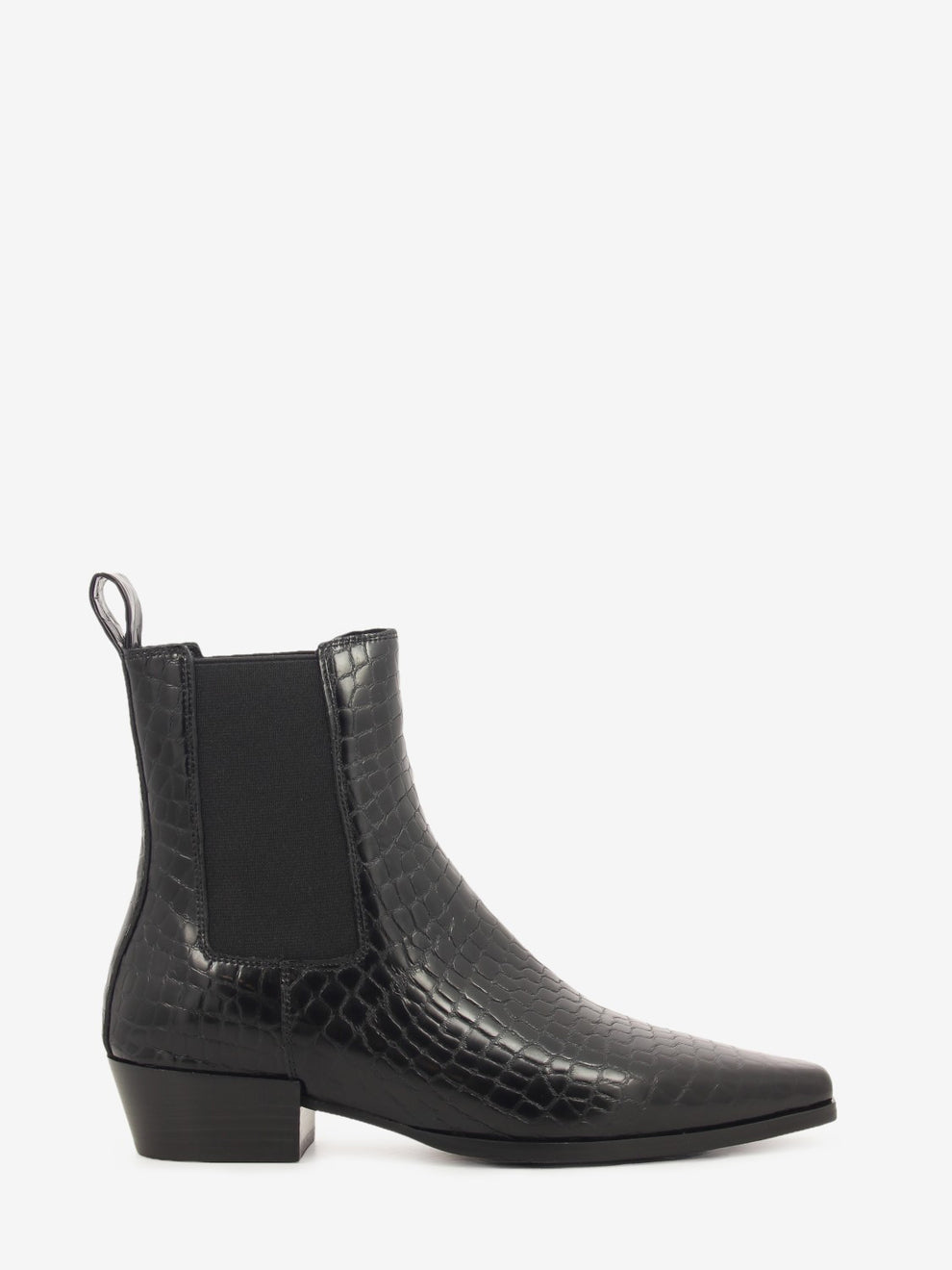 Black croc-effect leather ankle boot