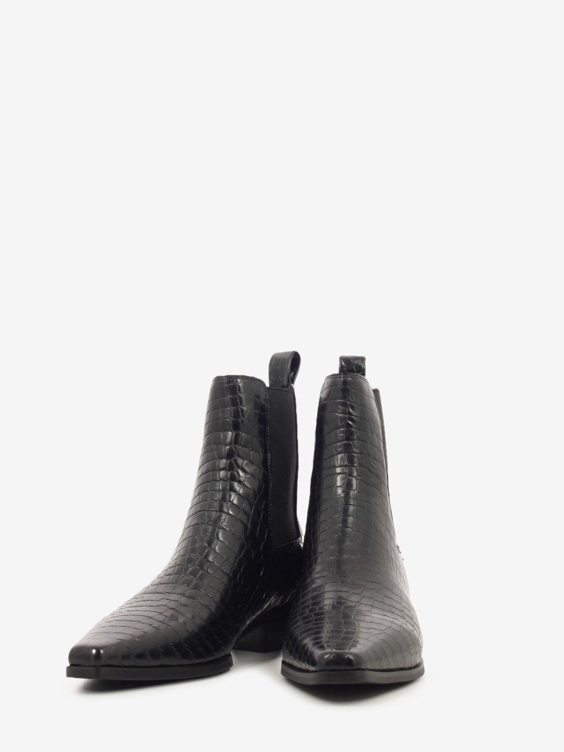 Black croc-effect leather ankle boot