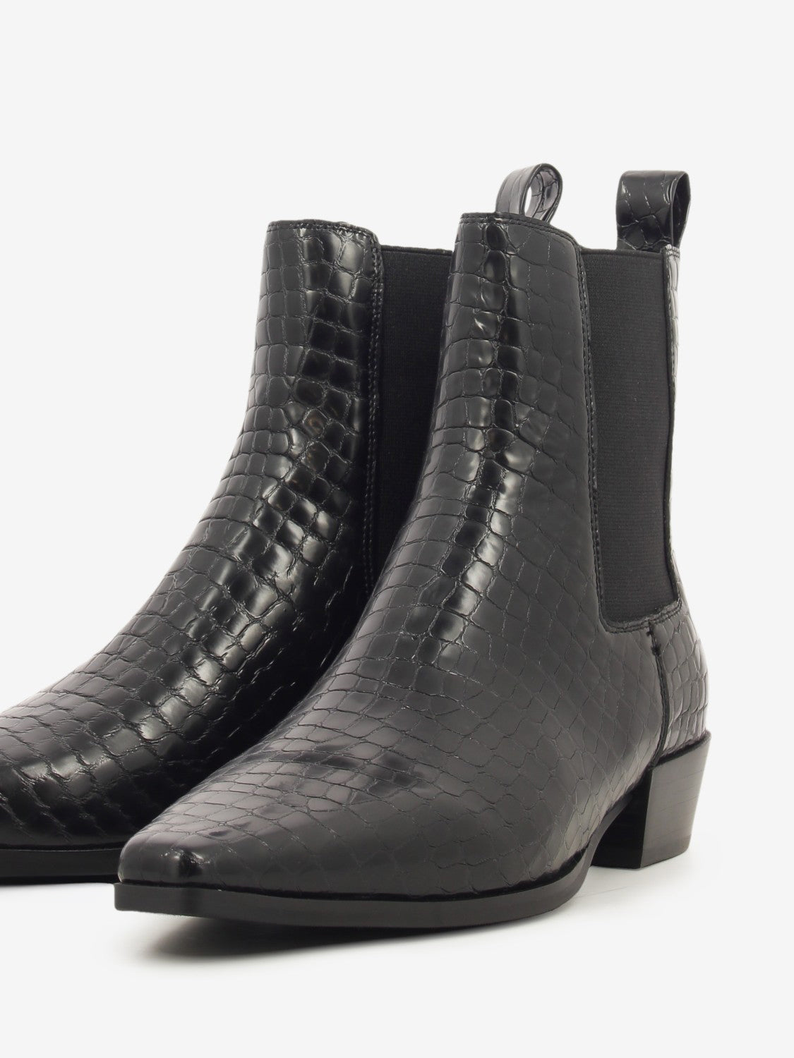 Black croc-effect leather ankle boot