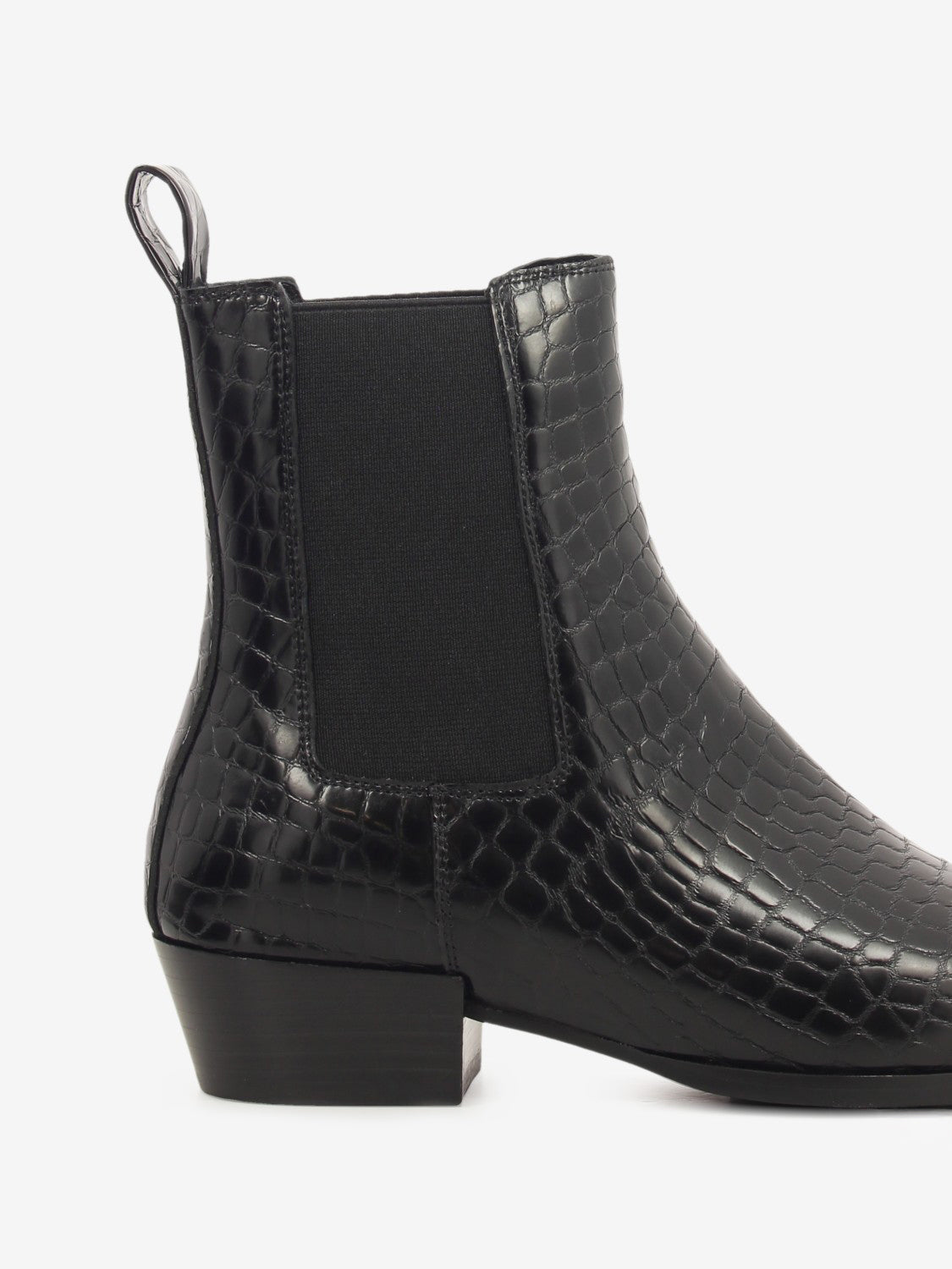 Black croc-effect leather ankle boot