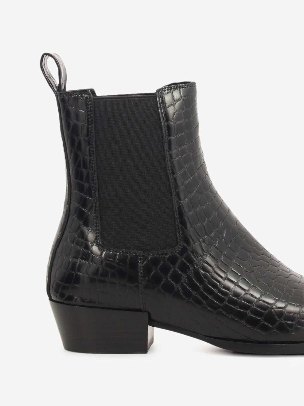 Black croc-effect leather ankle boot