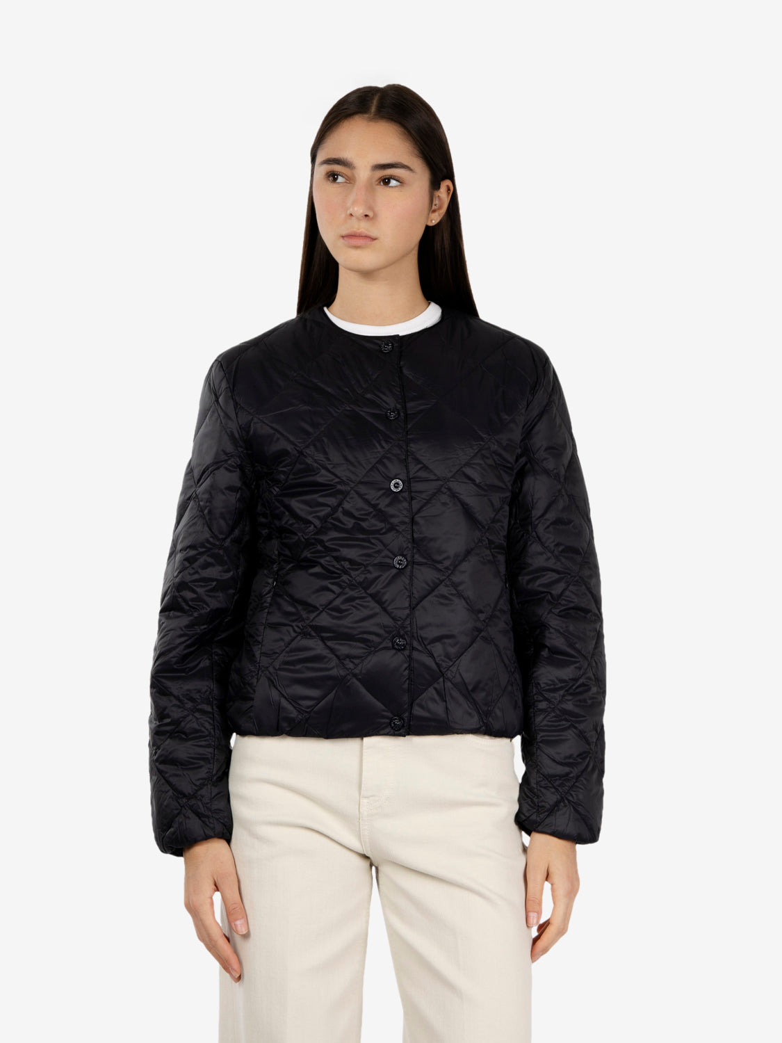 Black crew neck tapered down jacket
